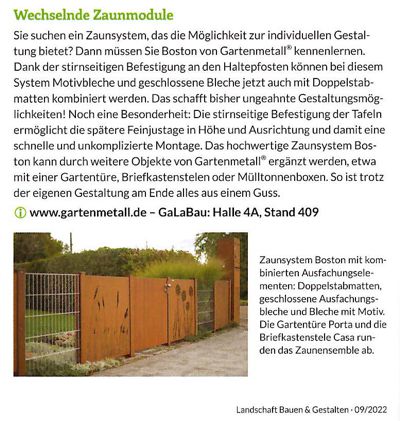 Presseinfo: Landschaft Bauen & Gestalten, 09_2022, Zaunsystem BOSTON