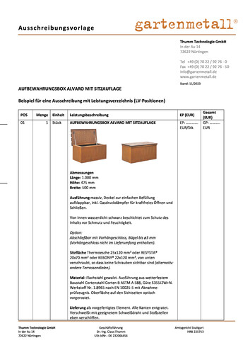 Ausschreibung Aufbewahrungsbox ALVARO