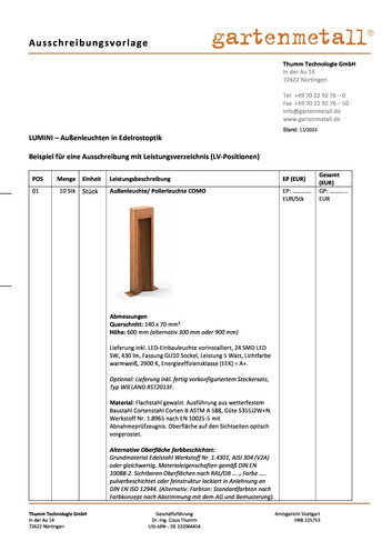 Ausschreibung Aussenleuchten LUMINI