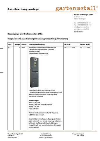 Ausschreibung Briefkastenstele CASA