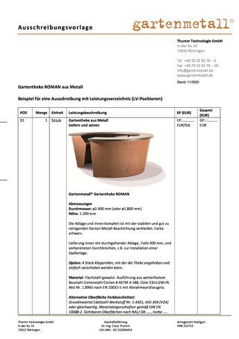 Ausschreibung Gartentheke ROMAN