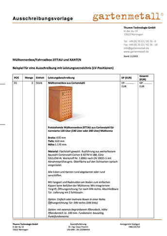 Ausschreibung Muelltonnenbox ZITTAU XANTEN