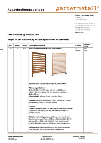 Ausschreibung Sichtschutzwand-System WANDA VARIO