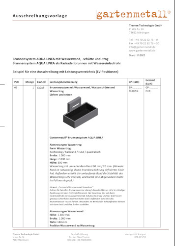 Ausschreibung Brunnensystem AQUA LINEA