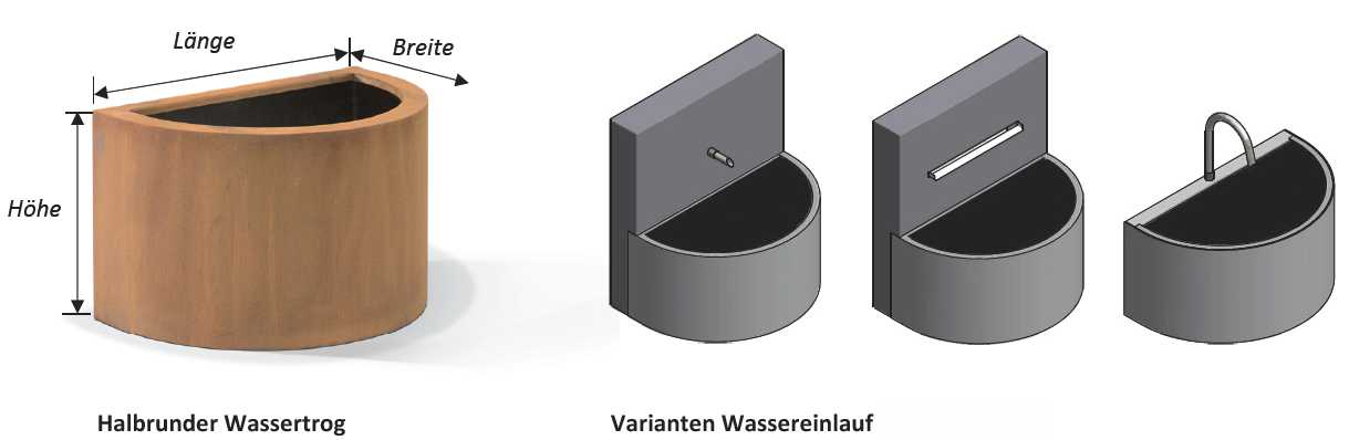 Auch die halbrunden Wassertröge können mit individuellem Zulauf gestaltet werden, etw über ein Wasserwand oder gebogene Wassereinläufe am Rand des Beckens.