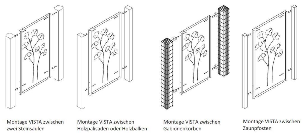 Motivwand VISTA, Montage zwischen Säulen und Gabionen