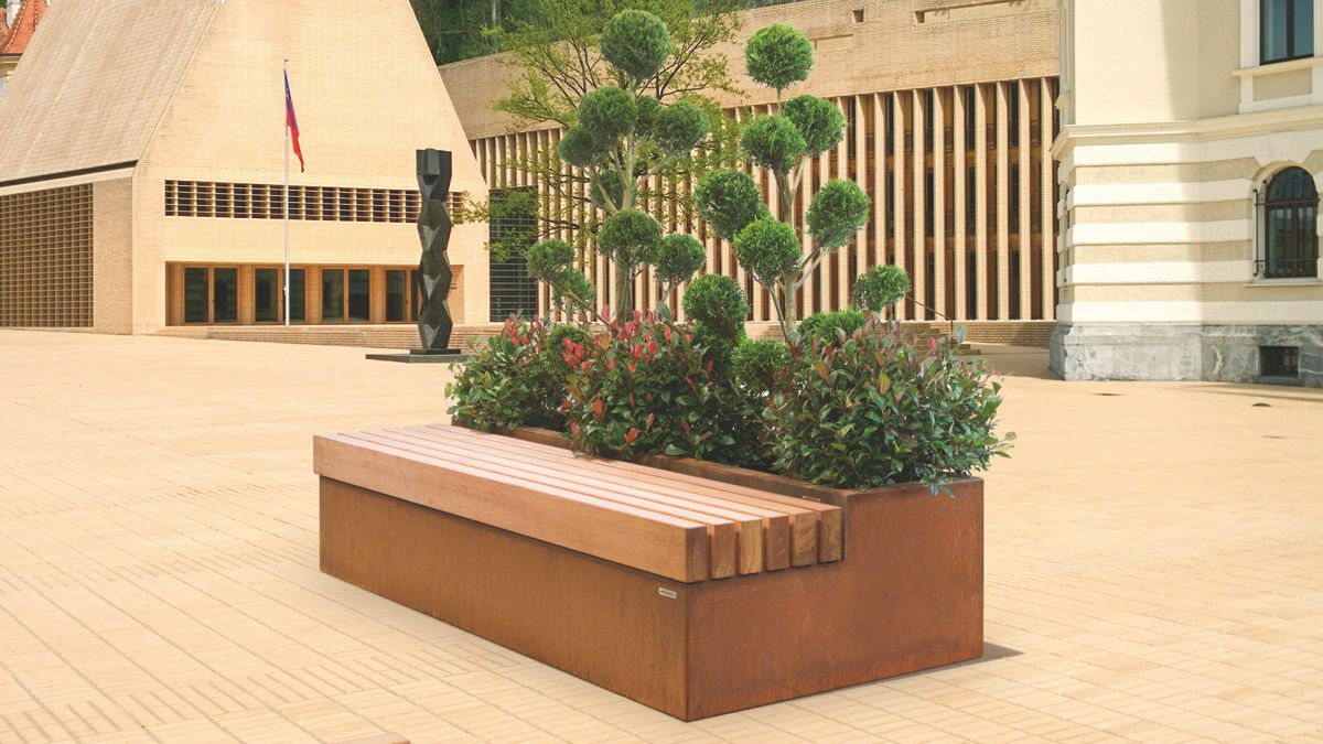 Pflanztrog mit Bank BORKUM mit Hartholzauflage