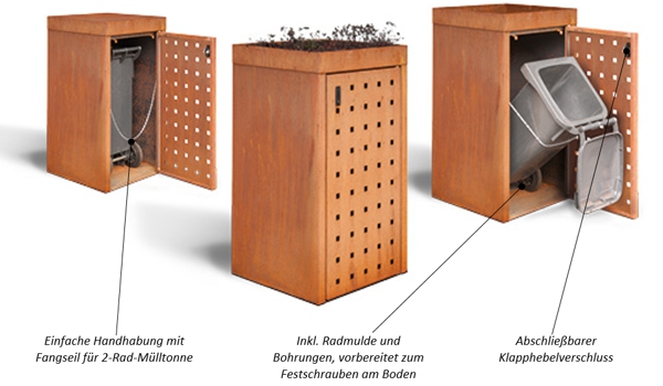 Mülltonnenboxen ZITTAU mit Fangriemen, Dachbegrünung und Lochrastertüre