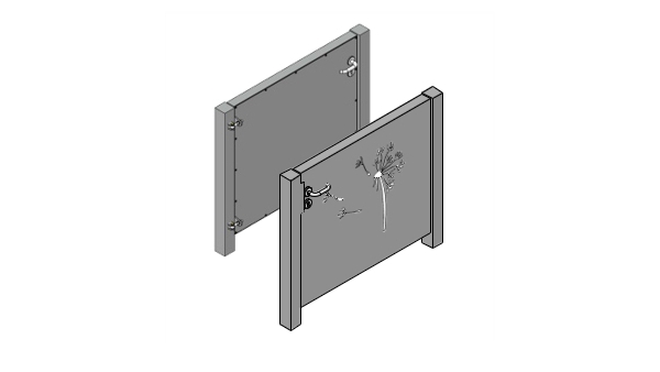 Gartentüre PORTA, lasergeschnittenes Motiv mit farbbeschichtetem Edelstahl oder Acrylglas hinterlegt, Rückseite geschlossen und verschraubt