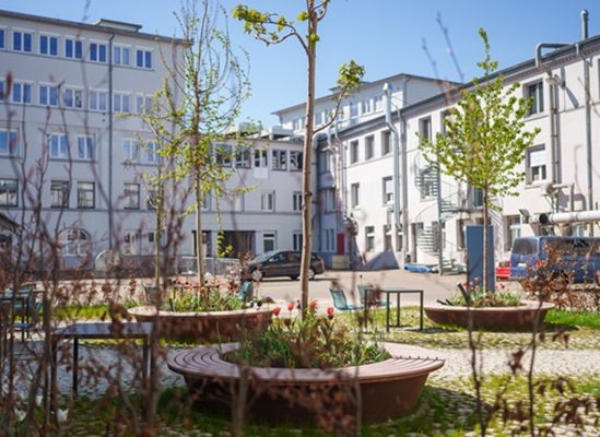 Innenstadtbegrünung mit Cortenstahl-Sitzbänken