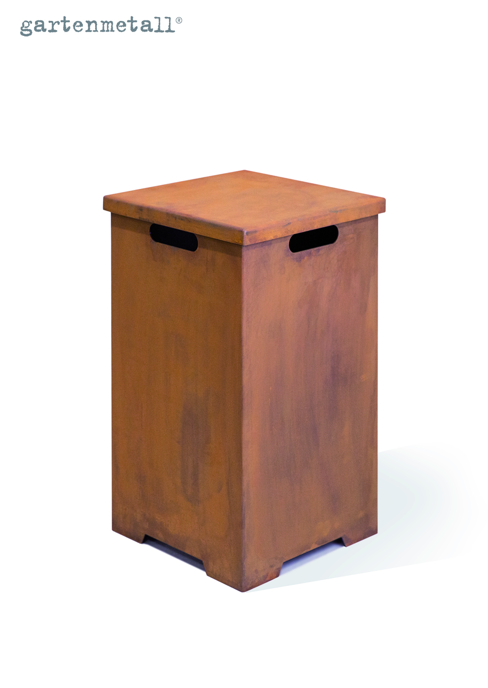 Ein hoher, rostbrauner Metallwürfel mit Tragegriffen steht auf hellem Untergrund. Oben links steht der Text: 'gartenmetall®'.