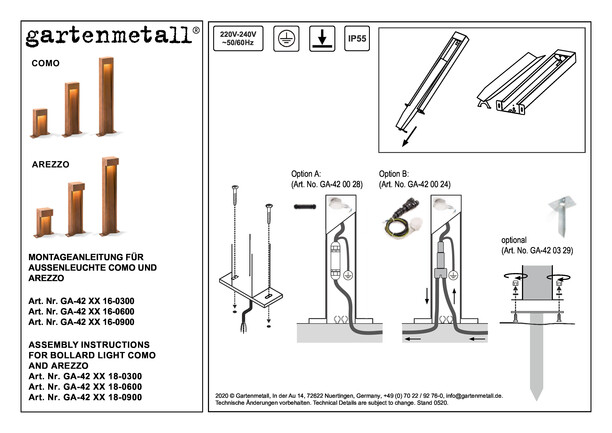 Gartenleuchten Como und Arezzo werden mit Montageanleitungen und technischen Zeichnungen dargestellt. Optionen für die Befestigung sind gezeigt. Text: Montagemöglichkeiten und Artikelnummern für Außenleuchten von Gartenmetall GmbH.