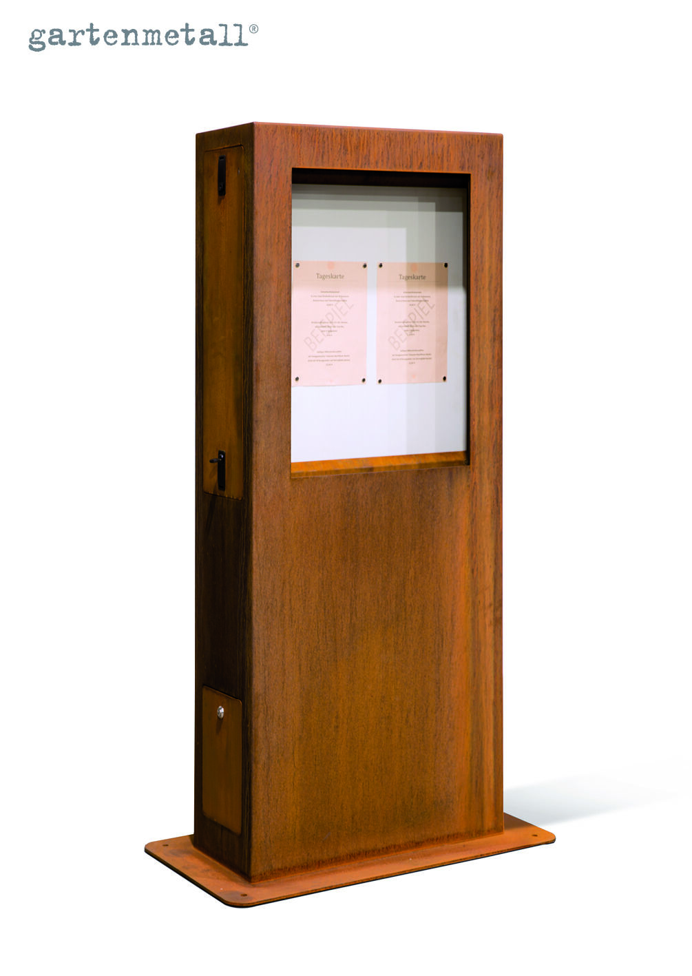 Metallschaukasten zeigt zwei Innenblätter mit „Tageskarte“ und „BEISPIEL“-Stempel, aufrecht stehend. Kontext: Logo „gartenmetall®“ oben links, weiße Hintergrundfläche, einfaches Design.
