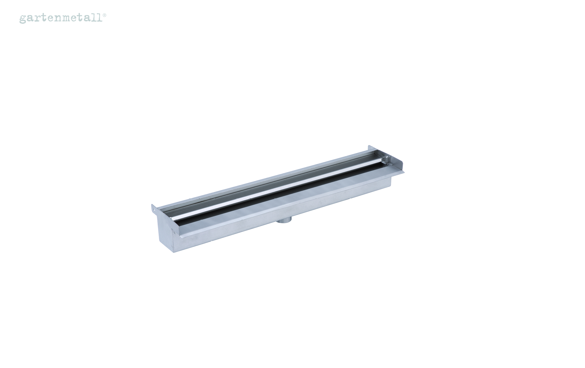 Silberner Metallkanal, statisch, vor weißem Hintergrund. Text links oben: 'gartenmetall®'.