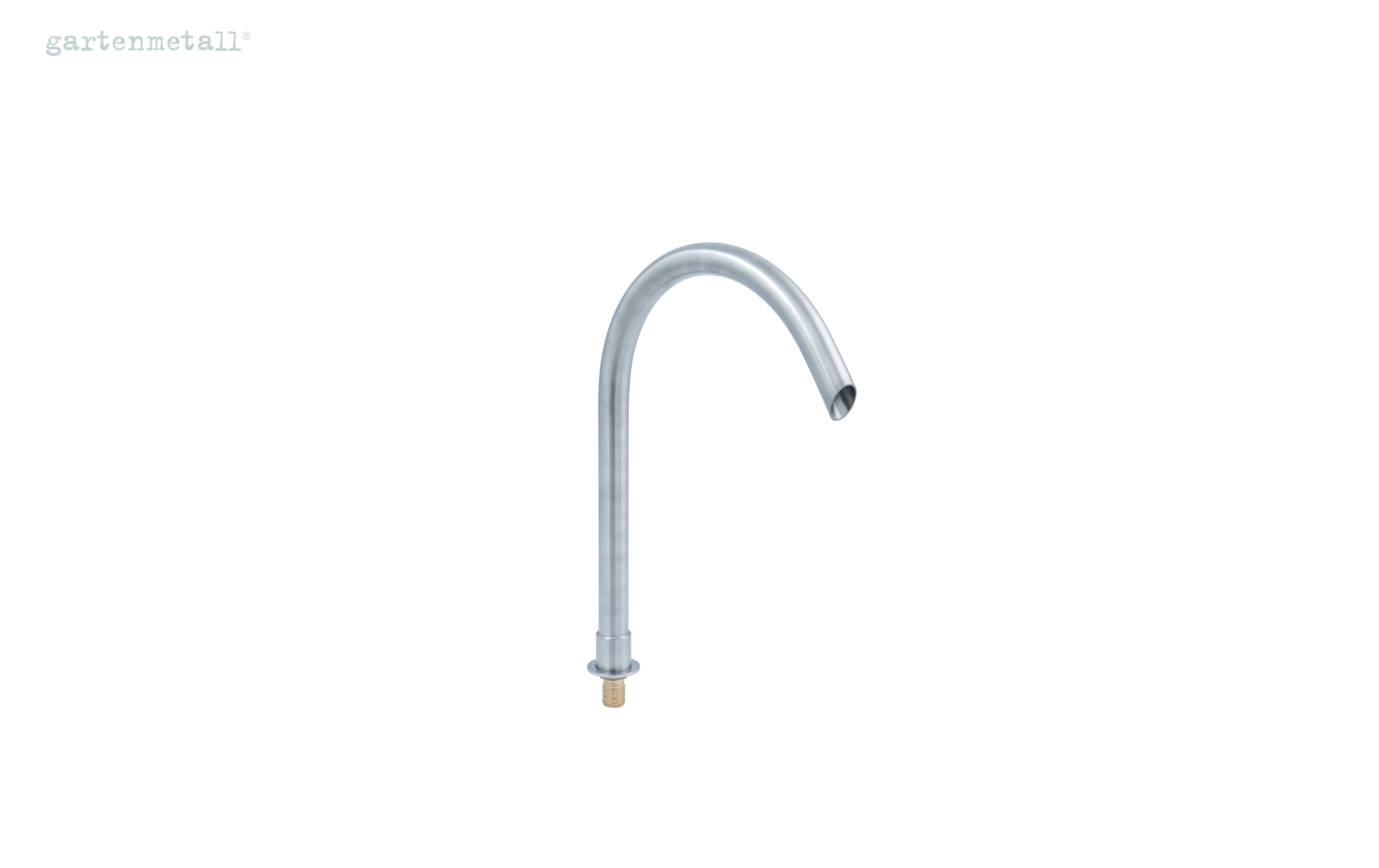 Ein gebogenes, silberfarbenes Metallrohr mit sichtbarem Gewindeender, ruht auf weißem Hintergrund. Im oberen linken Eck steht in blauer Schrift „gartenmetall®“.