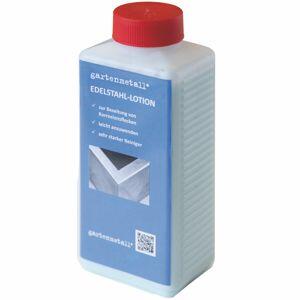 Eine rechteckige Kunststoffflasche mit rotem Schraubverschluss enthält 'gartenmetall EDELSTAHL-LOTION'. Der blaue Aufkleber zeigt Text: 'zur Reinigung von Korrosionsschäden, leicht anzuwenden, sehr starker Reiniger'.