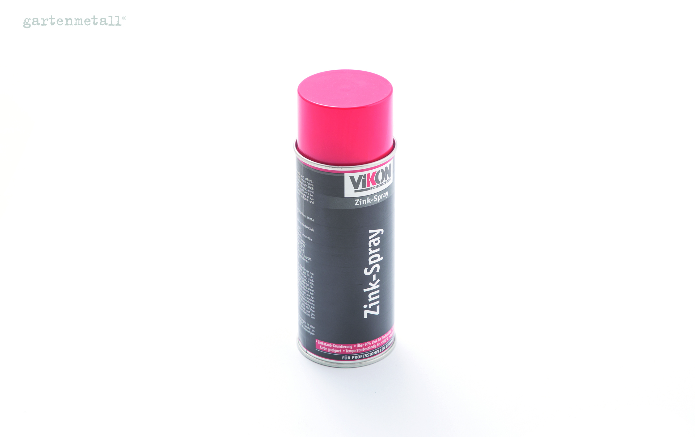 Spraydose steht auf weißem Untergrund, rot-rosa Kappe, schwarze Beschriftung mit 'Zink-Spray' und 'Vikon'. Links oben kleiner Schriftzug 'gartenmetall®'. Nutzung für metallische Oberflächen.