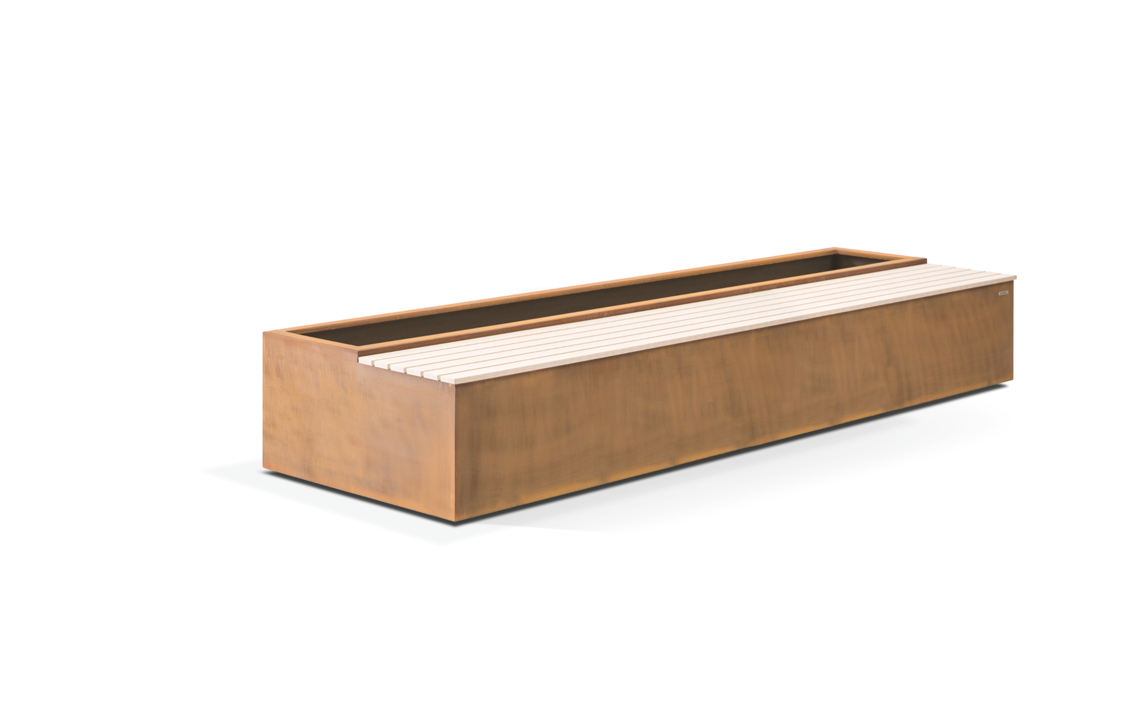 Holzbank mit weißer Sitzfläche, statisch, in rostbrauner rechteckiger Pflanzkübel integriert, steht auf weißem Hintergrund. Keine sichtbaren Pflanzen oder Dekorationen.