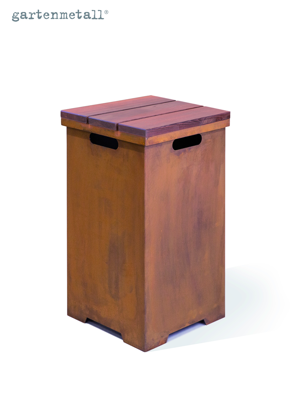 Kastenförmige, rostfarbene Metallbox mit Griffen steht isoliert. Text: 'gartenmetall®'.