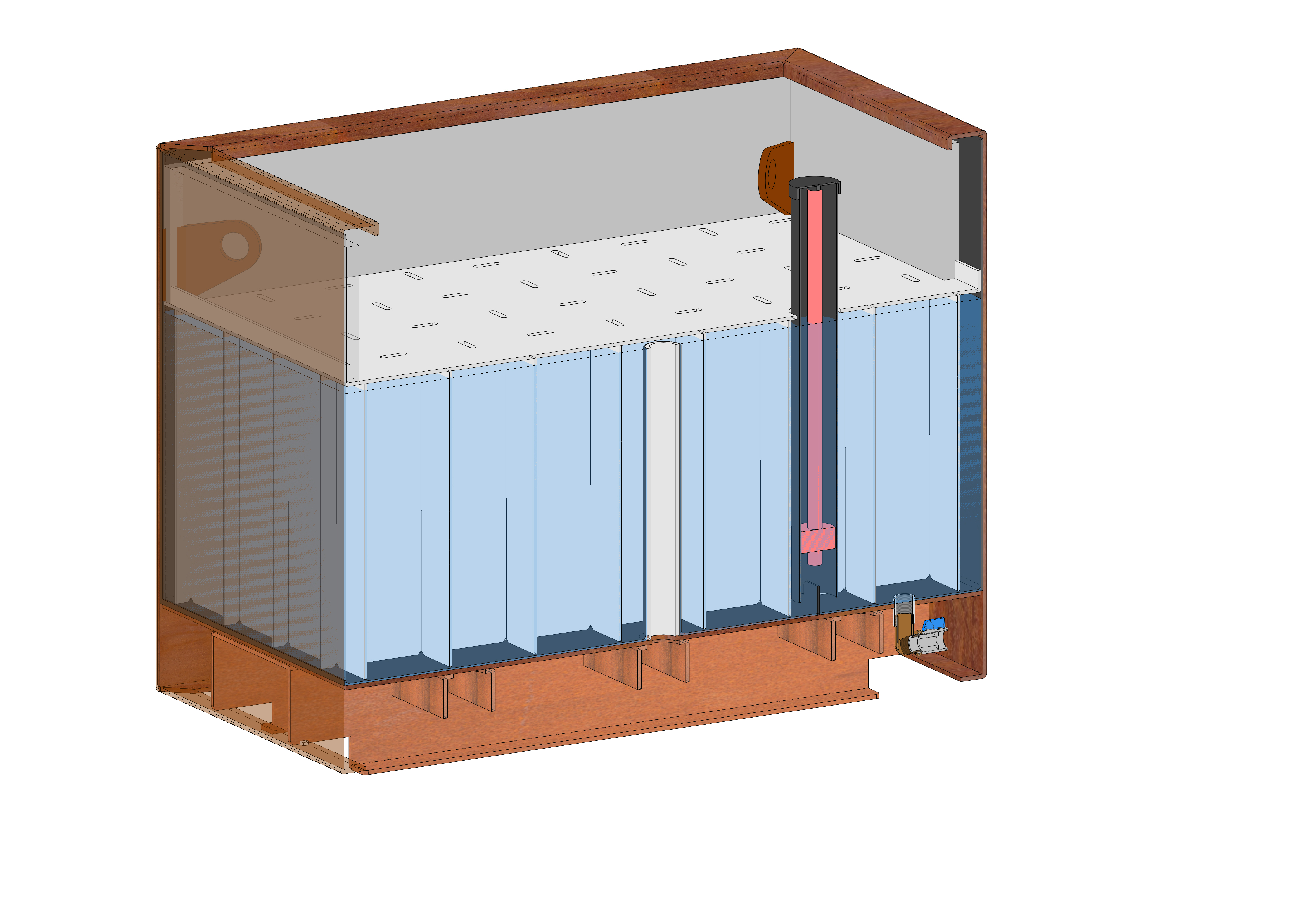 Holzkonstruktion zeigt in einem Schnittmodell ihre innere Struktur, vertikale und horizontale Elemente sind sichtbar. Eine vertikale rosa Stange verbindet verschiedene Ebenen, umgeben von blauen Verkleidungen.