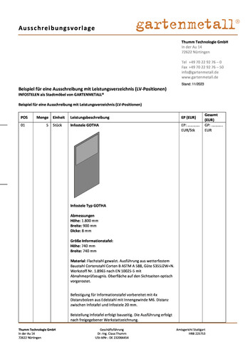 Ausschreibungsvorlage zeigt die Details eines Infostele Typ GOTHA für fünf Stück, Maße: 1810 x 850 mm. Enthält Kontaktangaben von gartenmetall: Thumm Technologie GmbH, Telefonnummer und E-Mail.