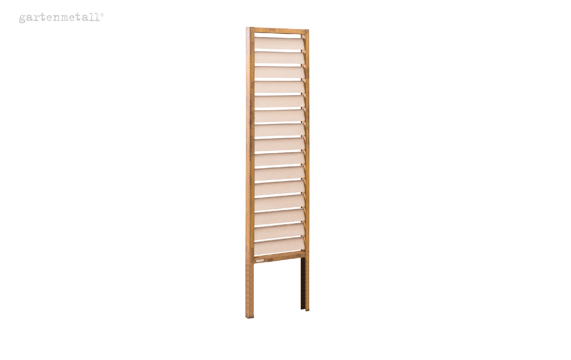 Gartenmetall®-Lamellentafel steht freistehend, bestehend aus einem rechteckigen Rahmen mit horizontalen Lamellen in Holzoptik, vor einem weißen Hintergrund.