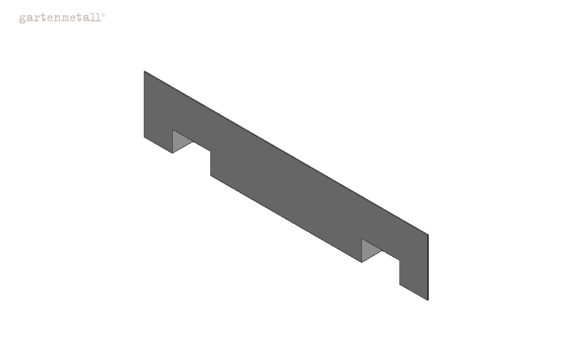Graues Metallprofil mit rechteckigen Aussparungen, schwebt diagonal auf weißem Hintergrund. Oben links steht der Schriftzug 'gartenmetall®'.
