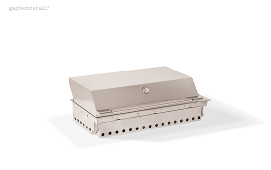 A rectangular stainless steel barbecue grill with a closed lid is isolated against a white background. 'gartenmetall®' is written at the top left. The grill appears modern and functional with ventilation openings.