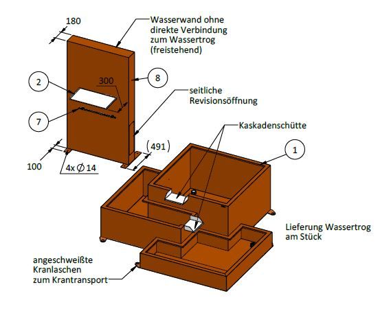 Wassertrog mit seitlicher Revisionsöffnung und Kaskadenschütte, zeigt Abmessungen und Komponenten. Beschriftungen: „Wasserwand ohne direkte Verbindung zum Wassertrog“, „angeschweißte Kranlaschen zum Krantransport“, „vier Bohrungen Ø14“.