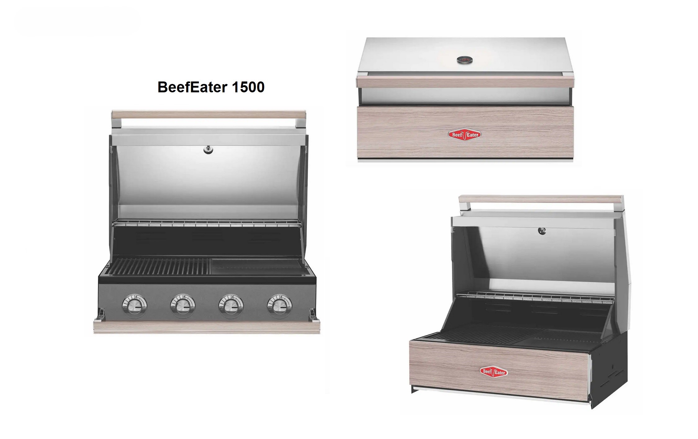 Gasgrill mit vier Drehknöpfen öffnet im modernen Design. Umgebung zeigt verschiedene Perspektiven. Text: 'BeefEater 1500' und 'Beef Eater'.