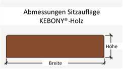 Rectangular seat cushion made of KEBONY wood, shows dimensions in width and height, surrounded by text with the inscription: 'Seat cushion dimensions KEBONY® wood'.