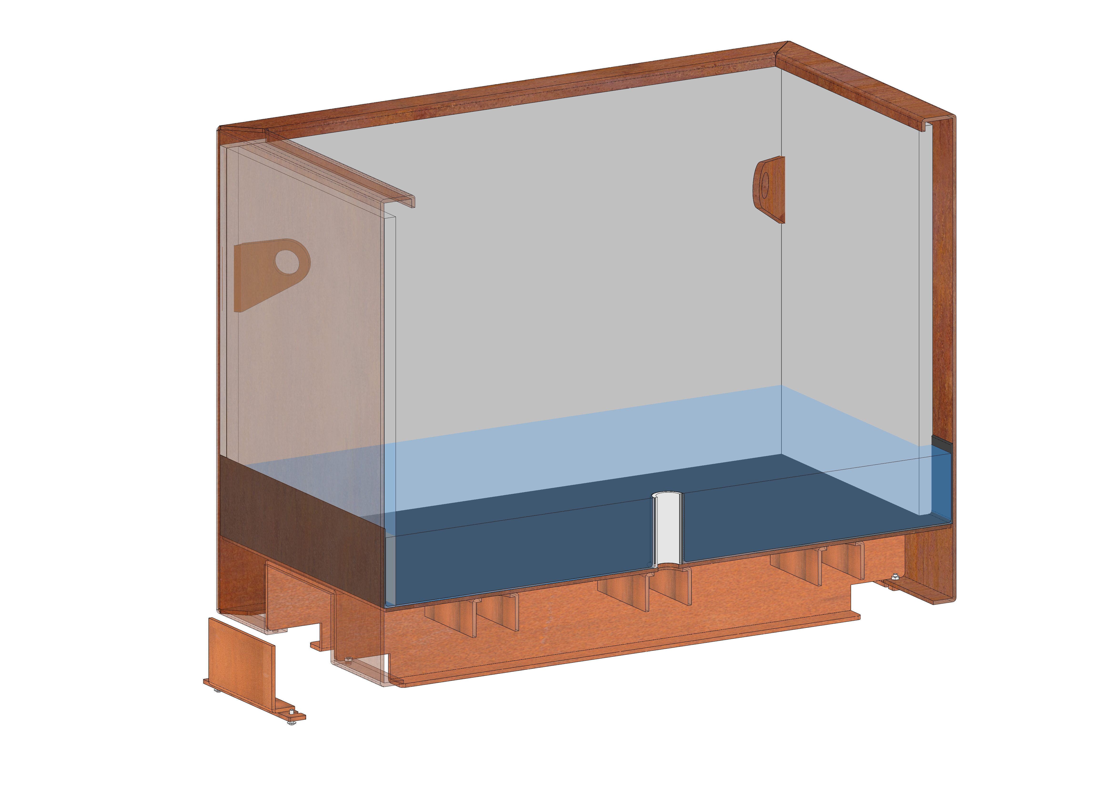 Holzrahmentank zeigt Wasser mit blauer Linie, Metallrohreinsatz unten. Transparentes Glas erlaubt Einblicke, umgeben von Holzwänden.