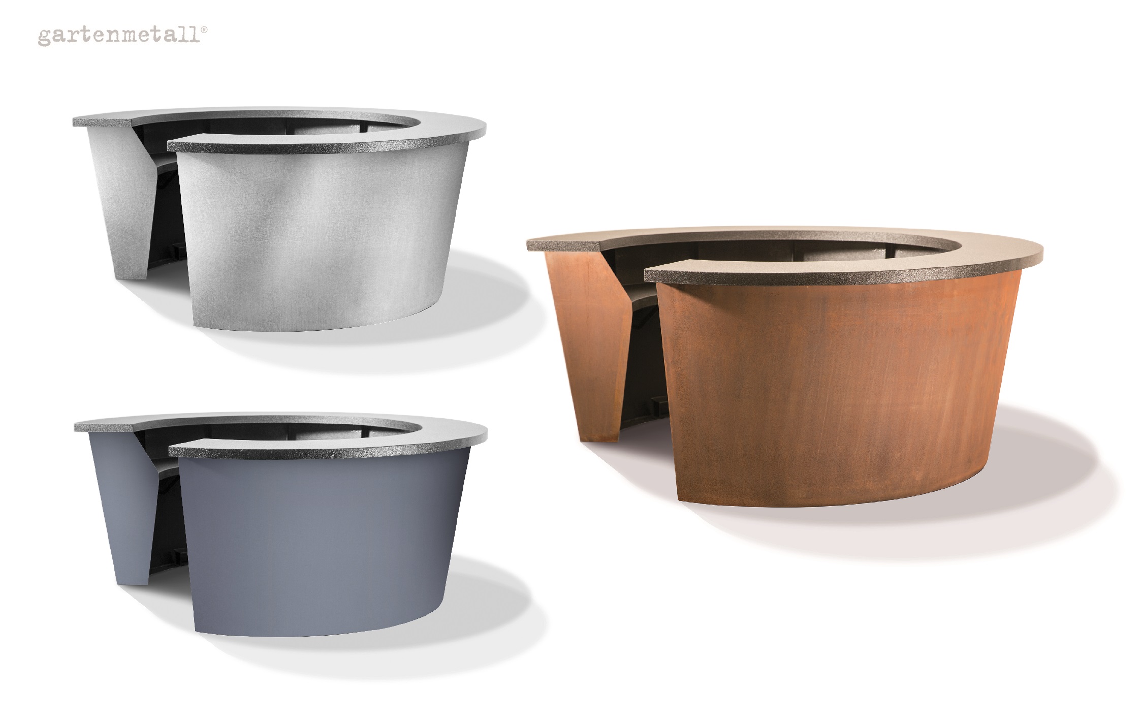 Runde, moderne Grillstationen aus Metall in drei Farben: Silber, Blau, Rost. Oberseite mit Öffnung, auf weißem Hintergrund. Text: „gartenmetall®“.