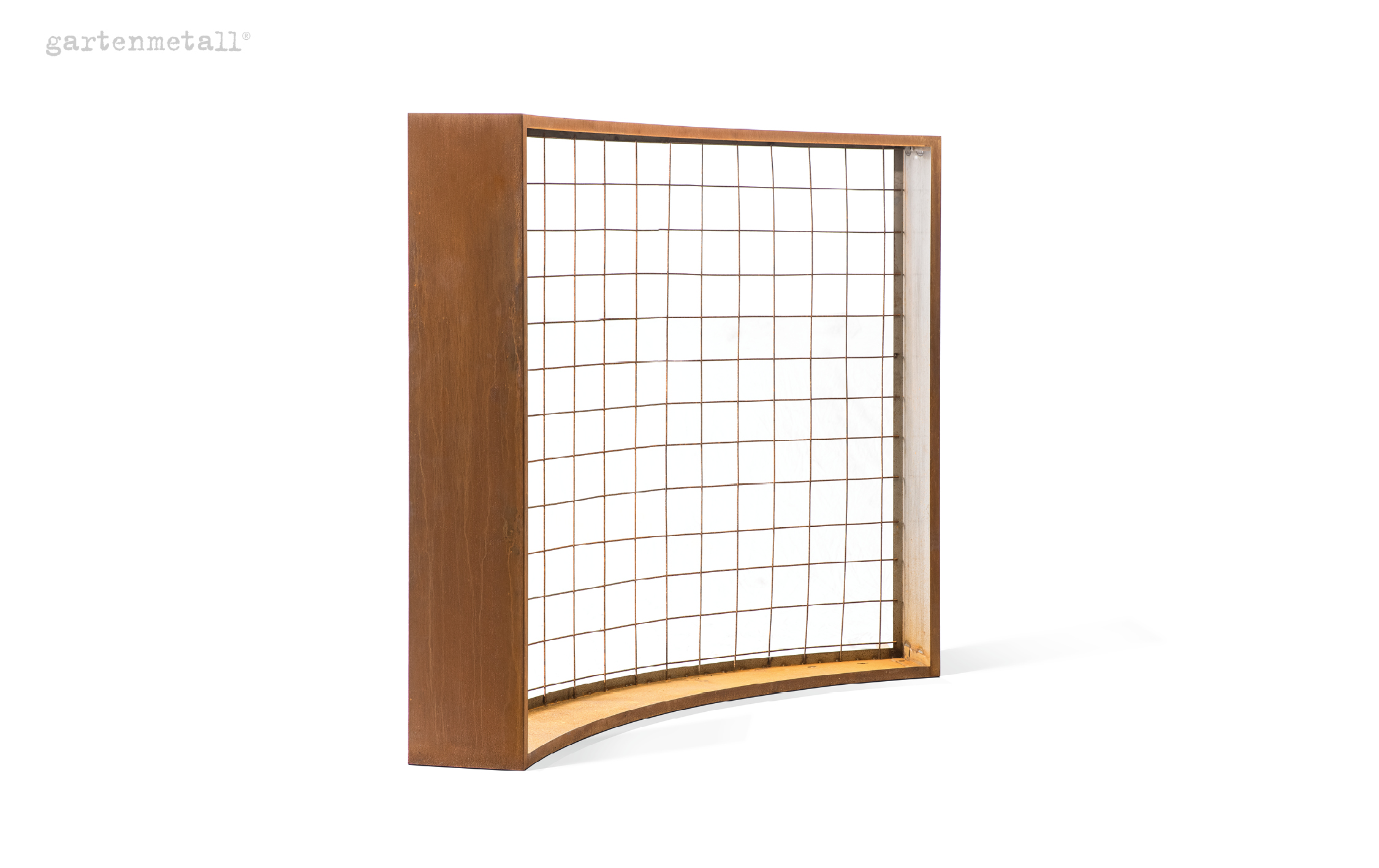 Metallrahmen umfasst quadratisches Gitter, steht stabil, umgeben von leerem, weißem Hintergrund. Text 'gartenmetall®' befindet sich oben links.