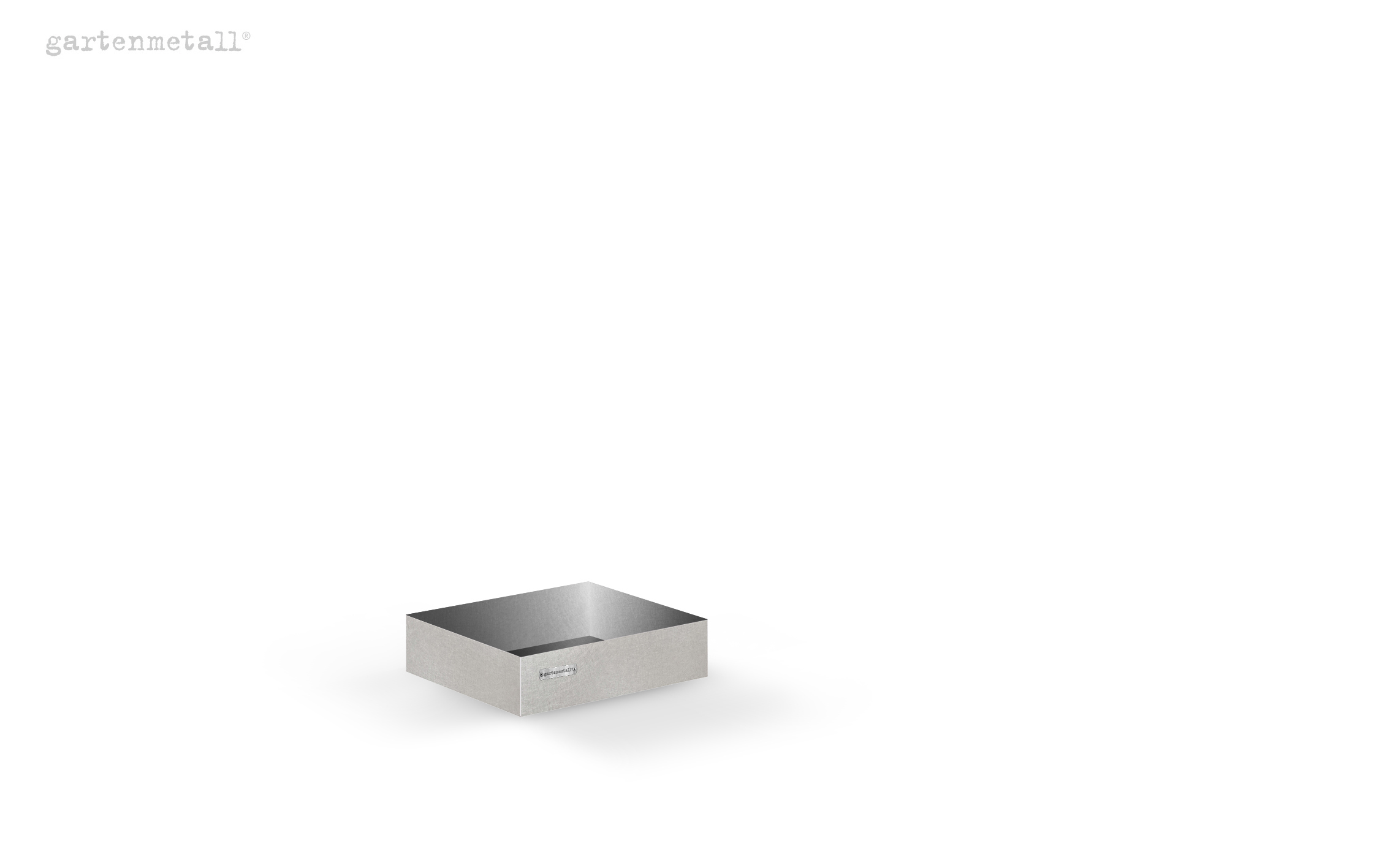 Metallischer rechteckiger Kasten steht isoliert auf weißem Hintergrund. Oben links der Text: 'gartenmetall'.