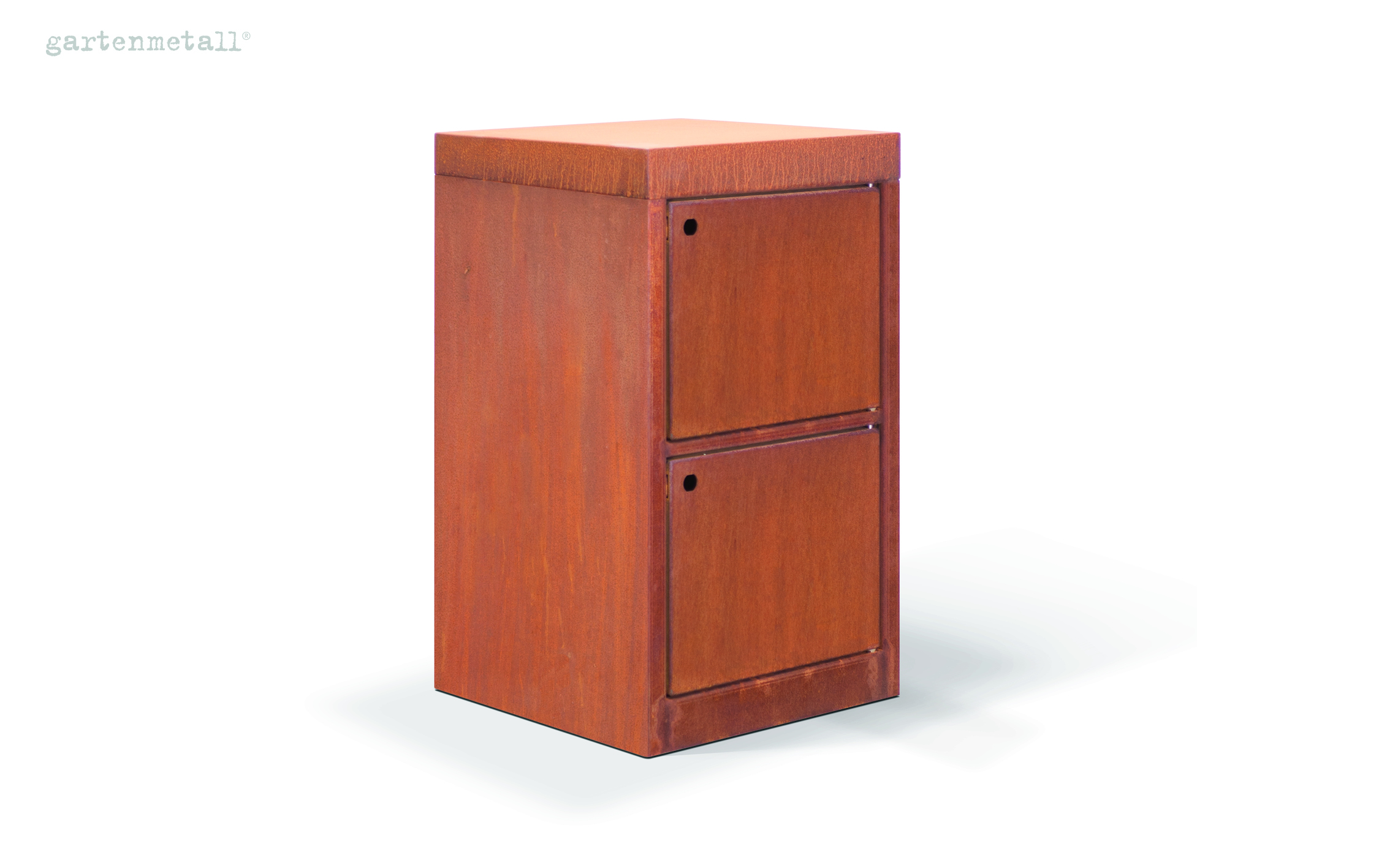 Kasten aus rostfarbenem Metall mit zwei übereinanderliegenden Türfächern, steht isoliert auf weißem Hintergrund. Text im Bild: 'gartenmetall®'.