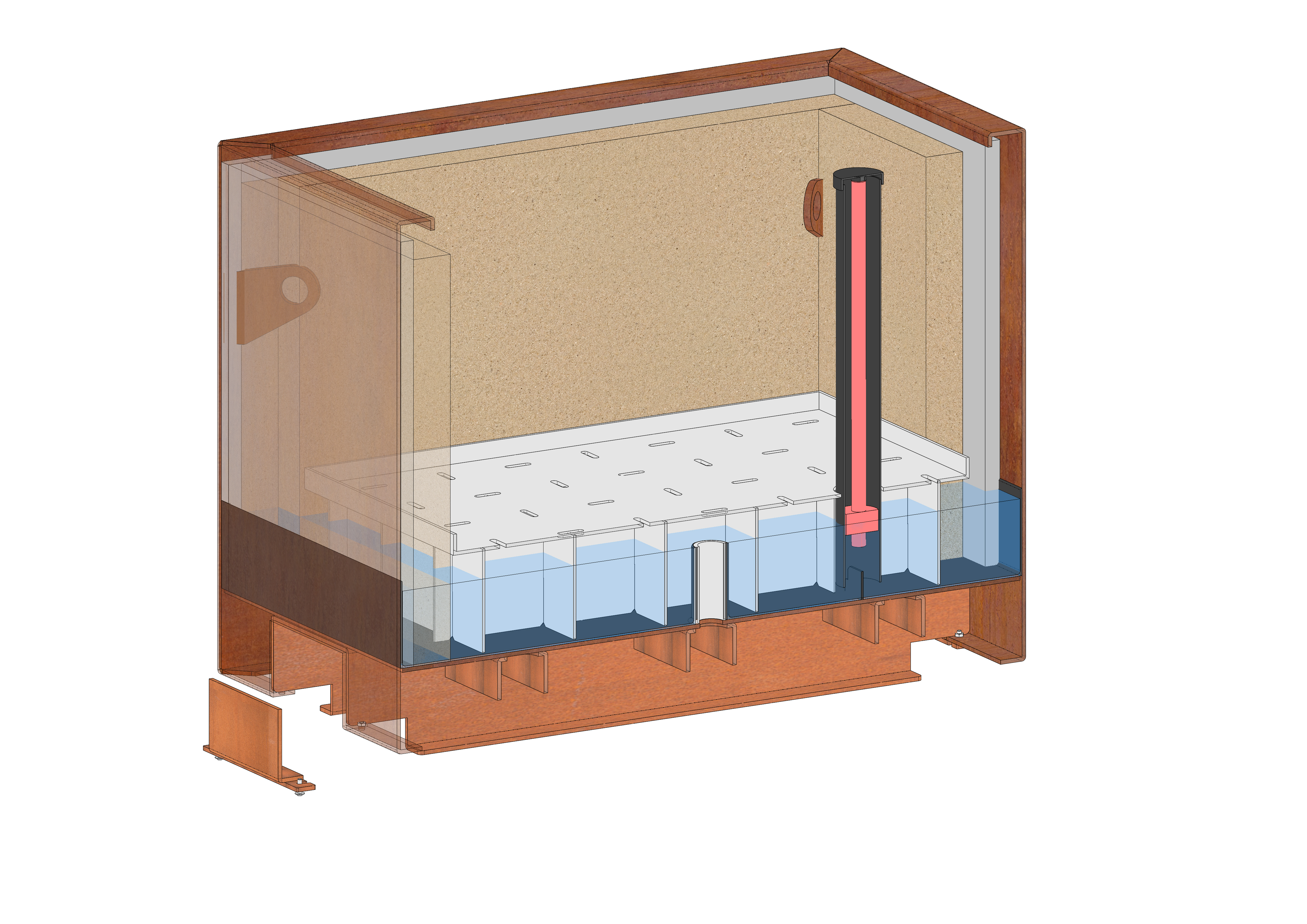 Holzkasten zeigt halbdurchsichtigen Tank mit integriertem Rohrsystem und Wasserablauf, Rückwand enthält Halterungen und Öffnungen. Umgebung: isoliert, keine weiteren Elemente.