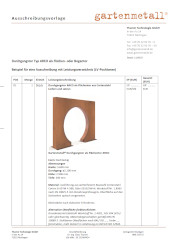 Ein rechteckiges, metallisches Paneel mit ovaler Öffnung steht aufrecht. Umgeben von textlicher Beschreibung einer Ausschreibung von Gartenmetall. Überschrift: 'Durchgangstür Typ NARA als Raster- oder Bogenform'.