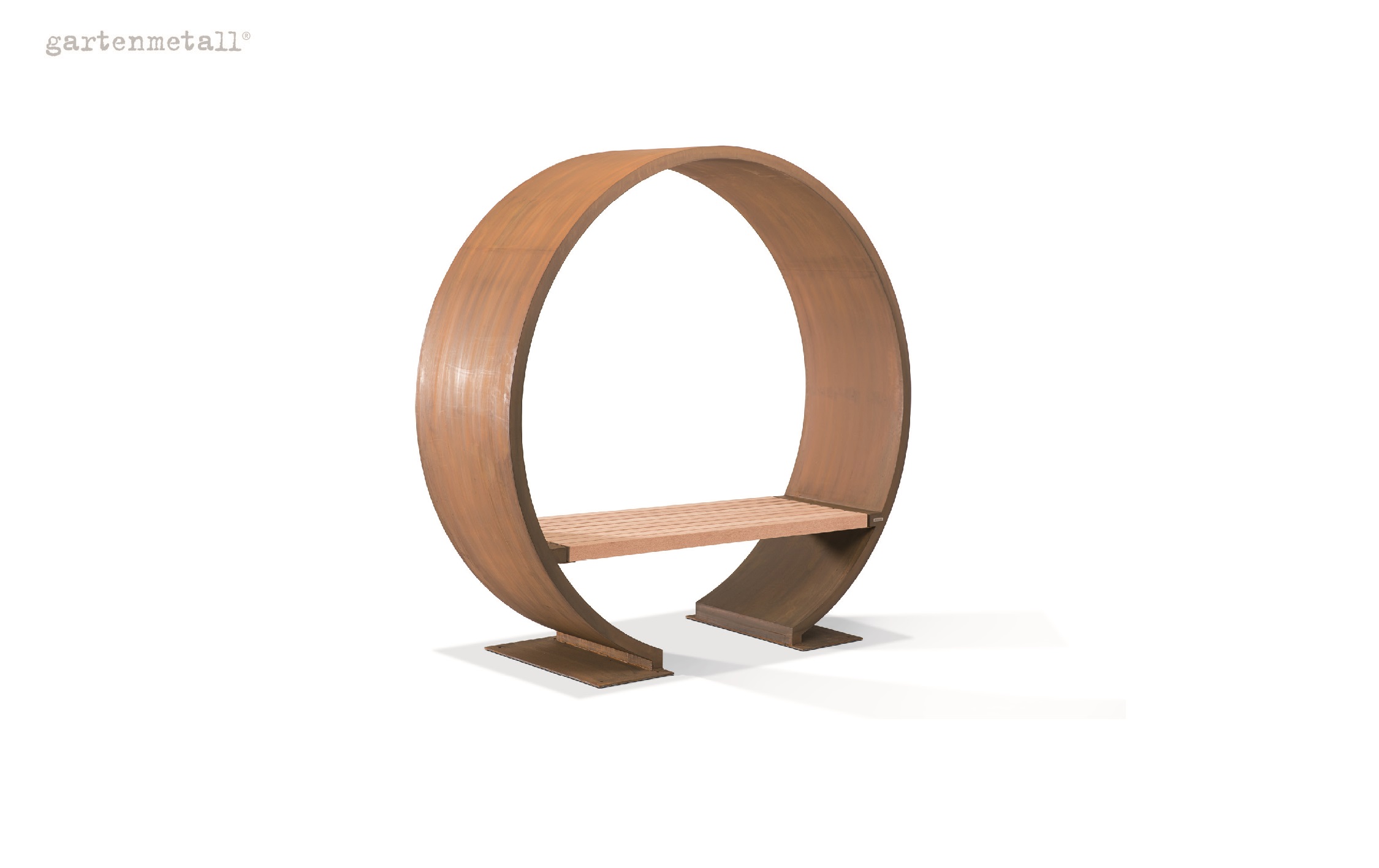 Ein kreisförmiges, metallisches Gartenmöbel mit integrierter Sitzbank steht freistehend auf weißem Hintergrund. Oben links steht „gartenmetall®“.