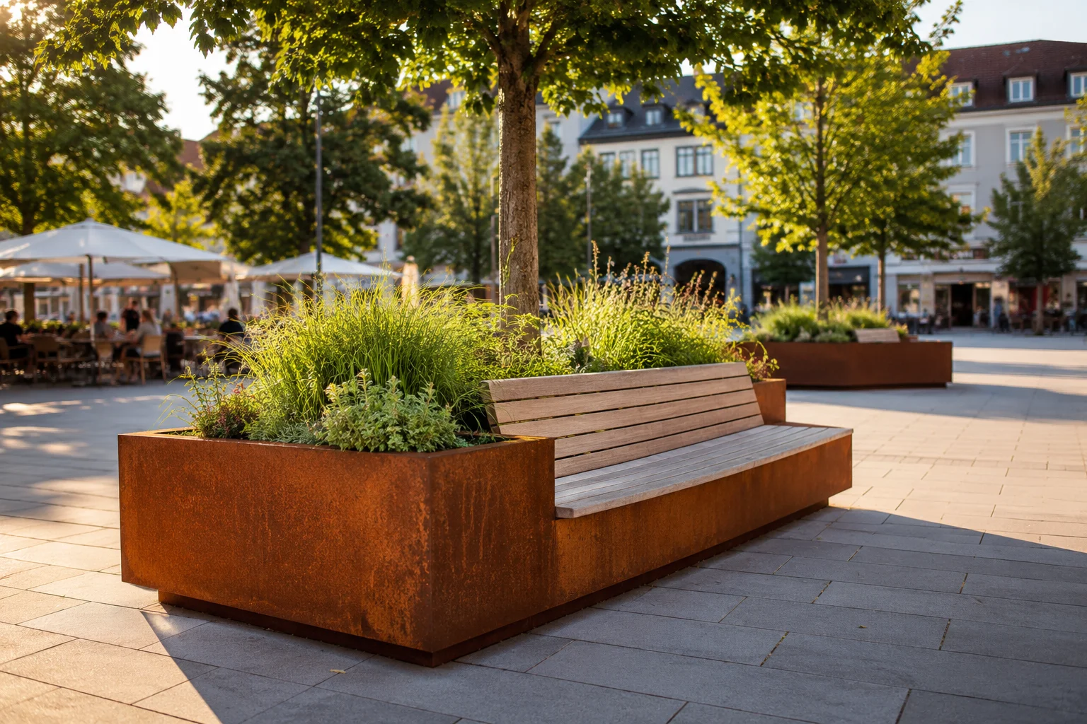 Bepflanzter Baumkübel aus Cortenstahl mit integrierter Holzbank auf einem sonnigen innerstädtischen Platz