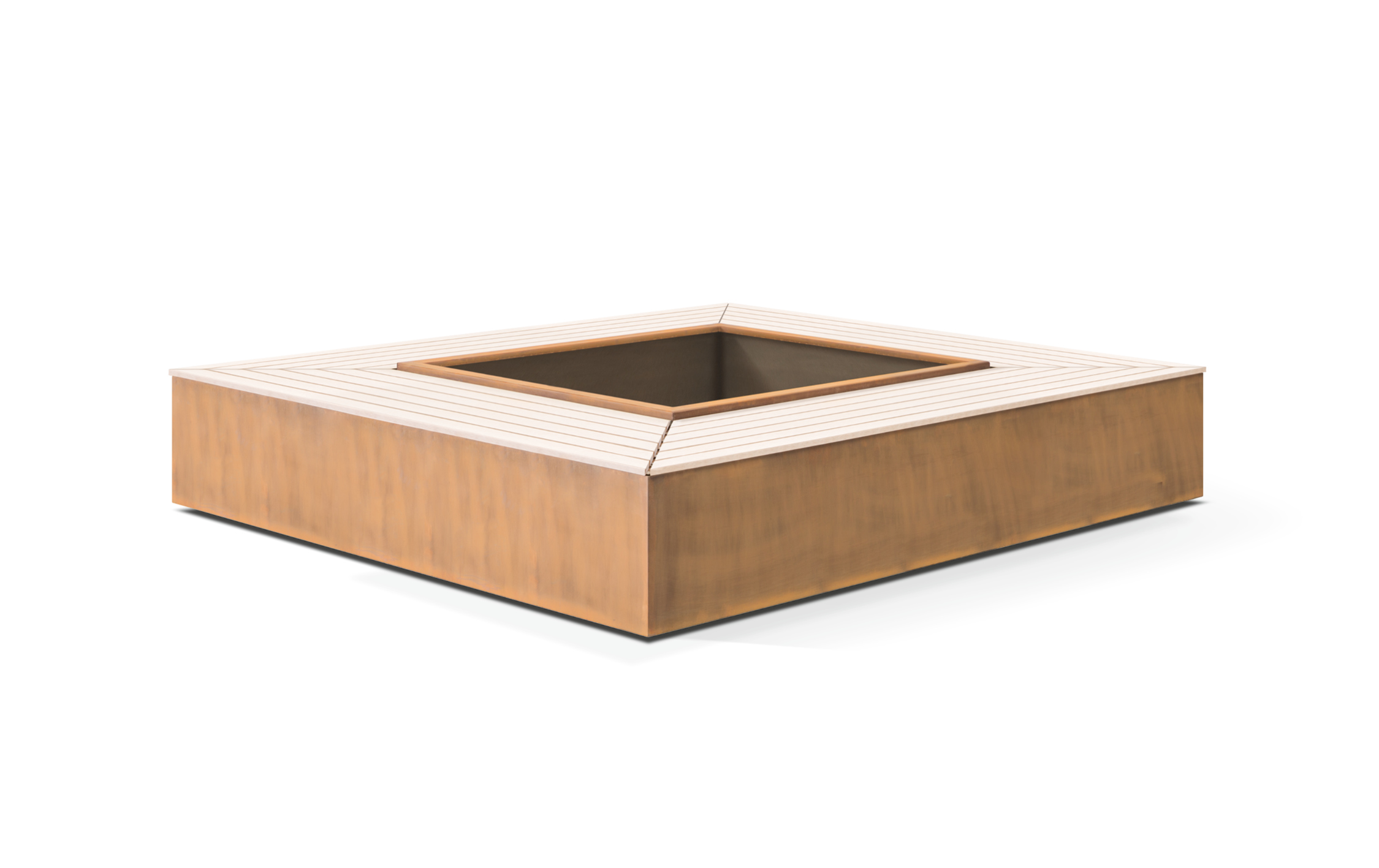 Quadratische Feuerstelle aus Holz, ohne sichtbares Feuer, steht in einem leeren weißen Raum. Die Umrandung ist mit hellen Holzlatten verkleidet. Keine Schrift sichtbar.