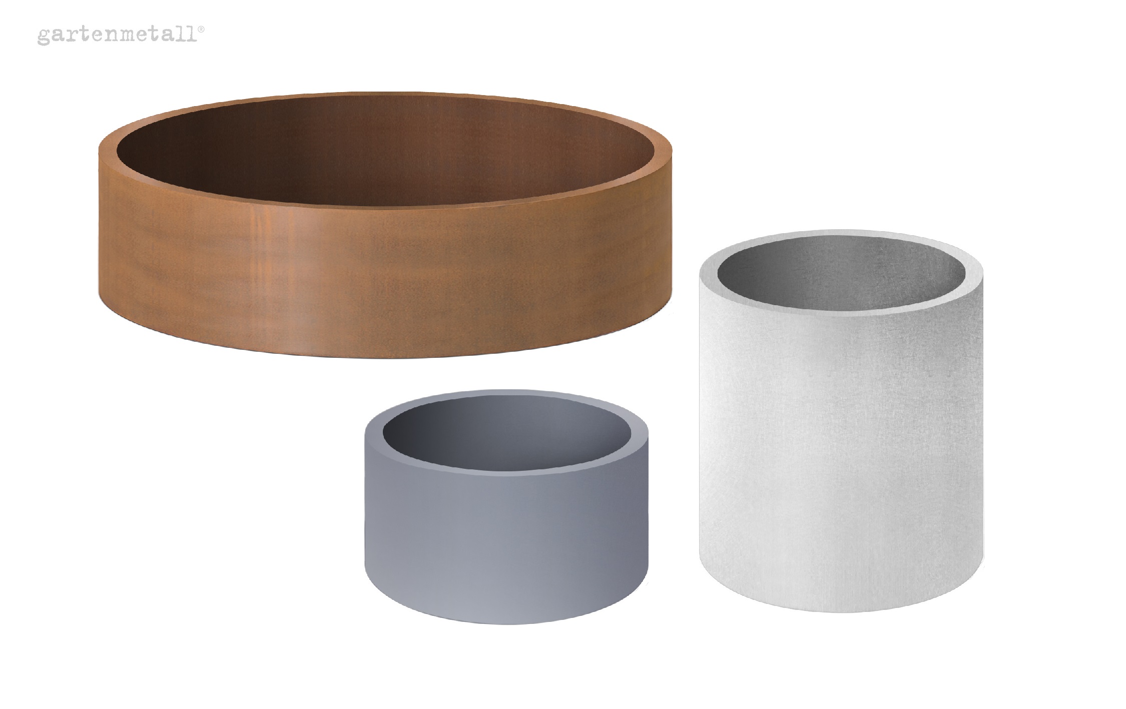 Drei zylindrische Pflanzgefäße, statisch nebeneinander, in unterschiedlichen Farben (rostbraun, grau, silber) auf weißem Hintergrund. Oben links steht „gartenmetall®“.